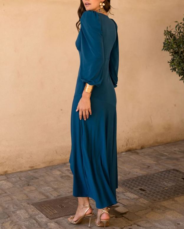 Asymmetrical midi dress in deep petrol blue