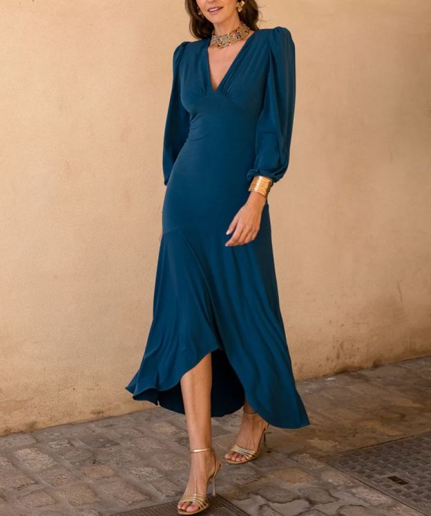 Asymmetrical midi dress in deep petrol blue