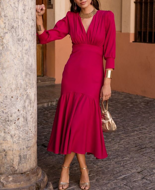 Raspberry ruffle midi dress