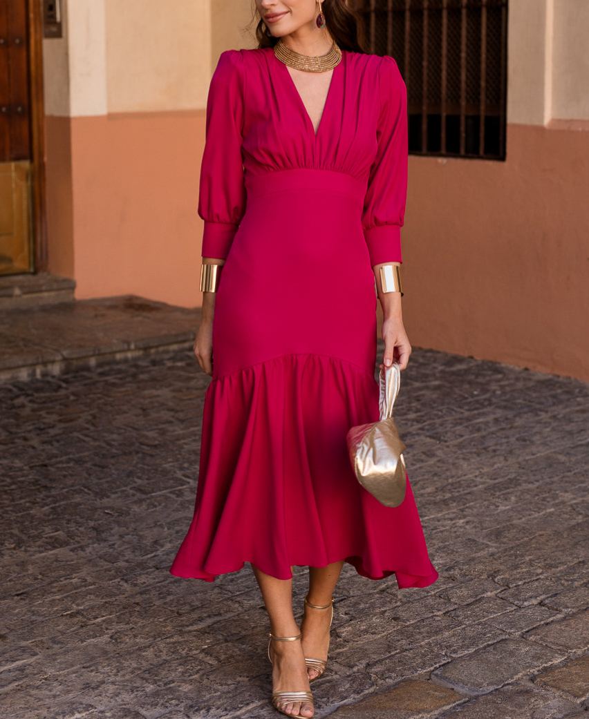 Raspberry ruffle midi dress