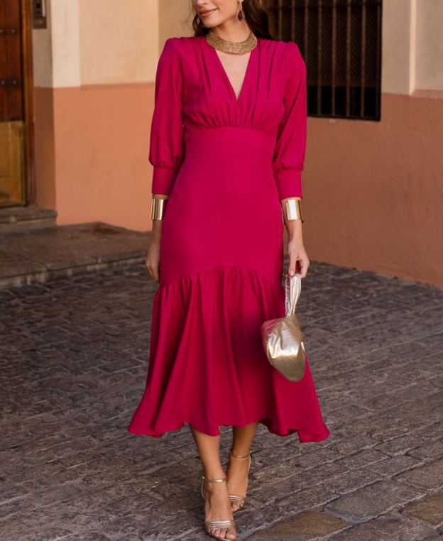 Raspberry ruffle midi dress