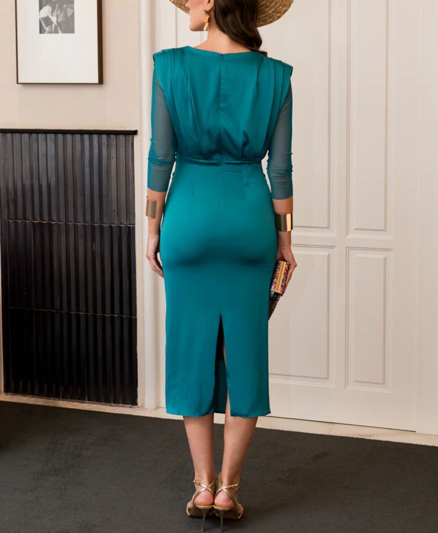 Petrol green midi dress with shoulder pads