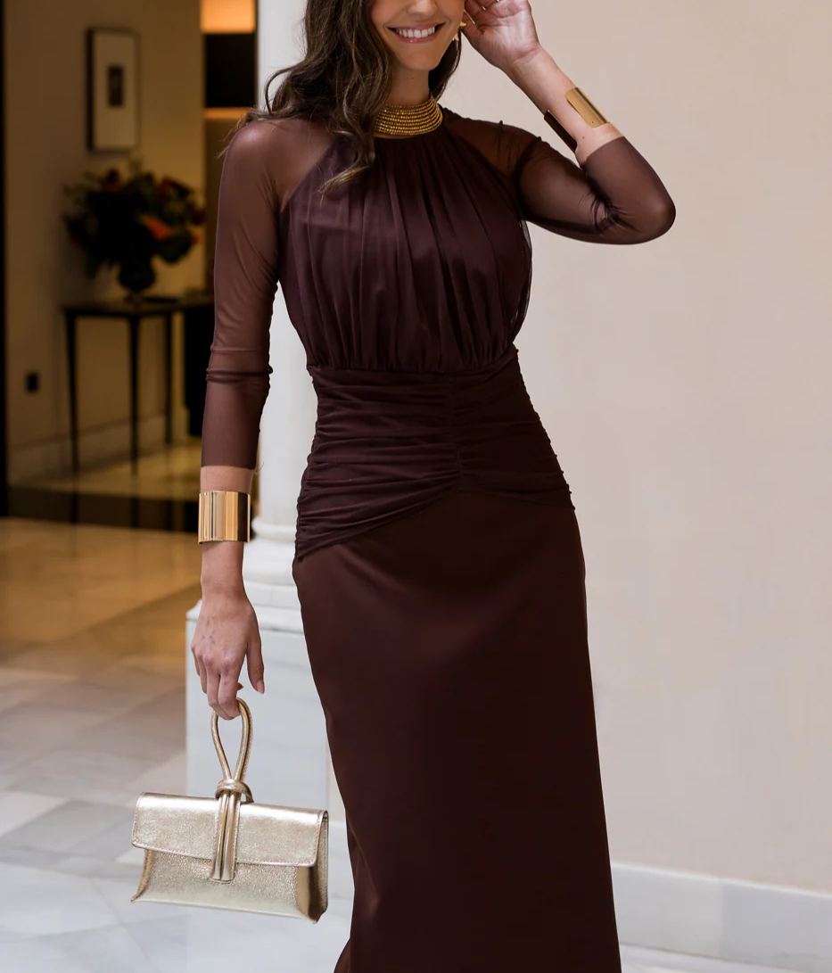 Chocolate brown tulle sleeve midi dress