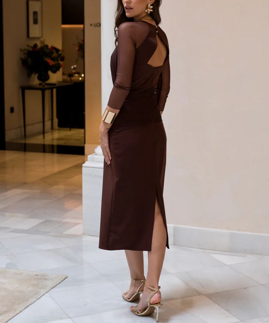 Chocolate brown tulle sleeve midi dress