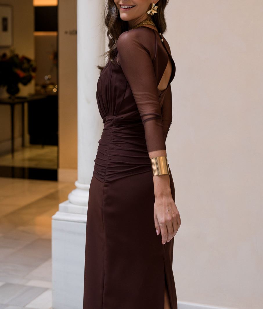 Chocolate brown tulle sleeve midi dress