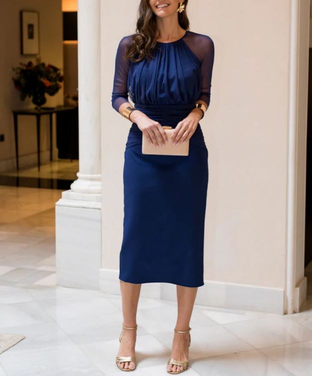 Navy blue midi dress with tulle sleeves