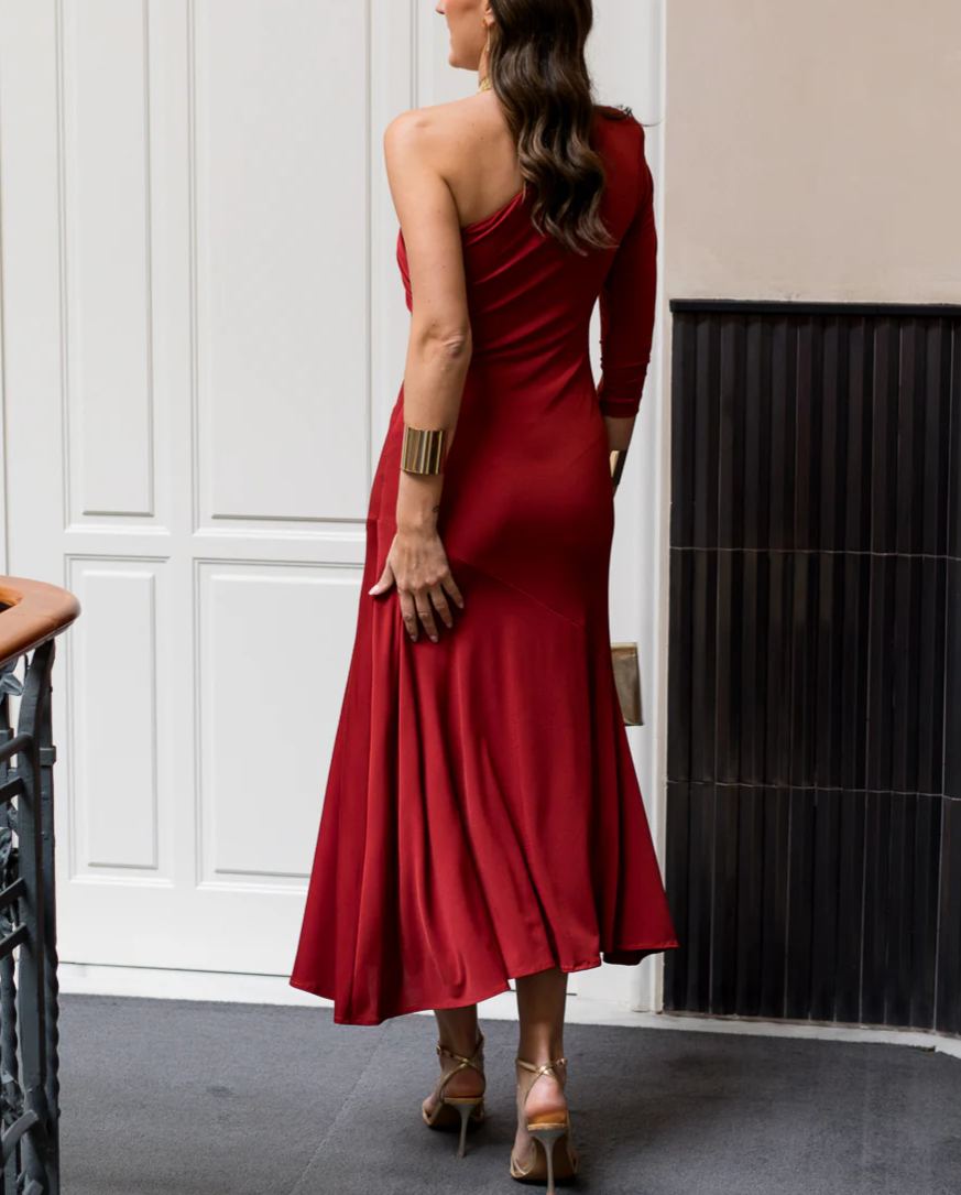 Midi dress with asymmetrical neckline