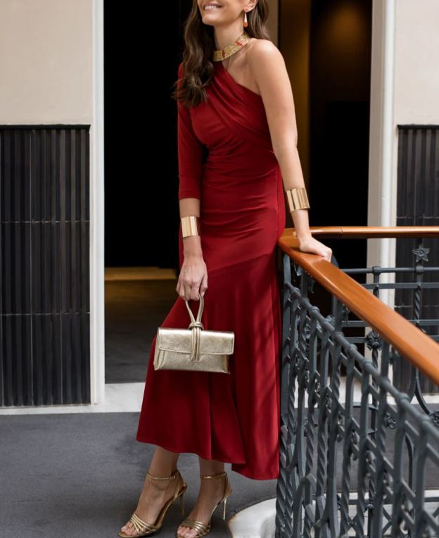 Midi dress with asymmetrical neckline