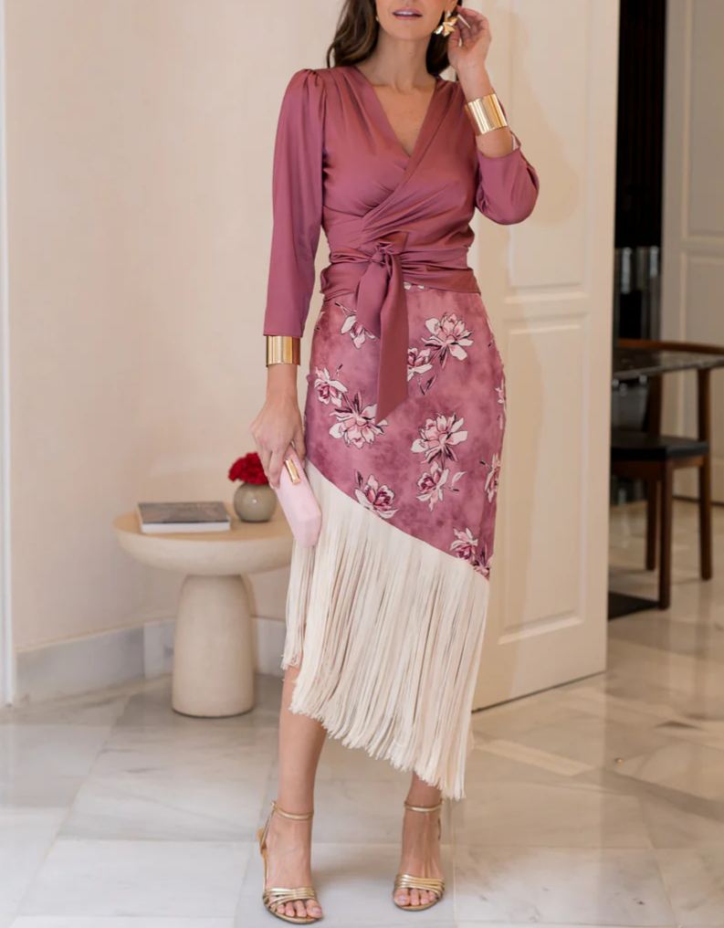Blouse and fringed skirt set in dusty pink.