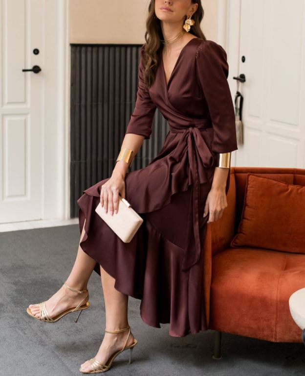 Chocolate midi dress with side tie detail
