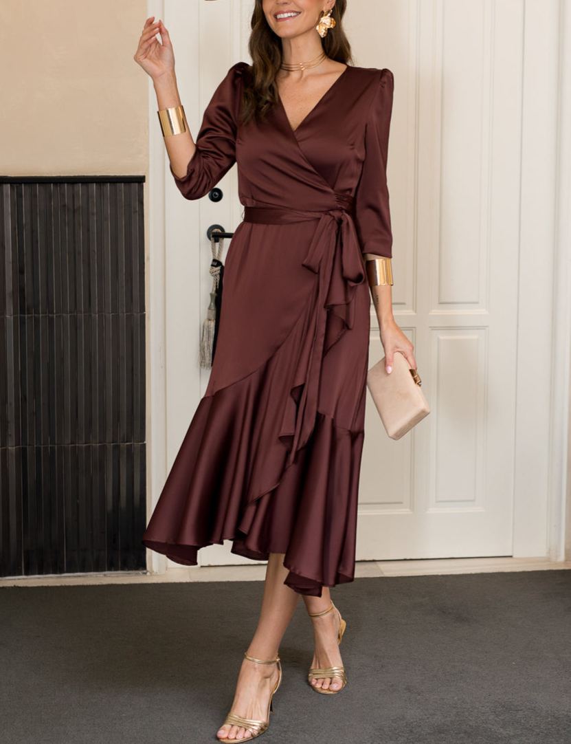 Chocolate midi dress with side tie detail