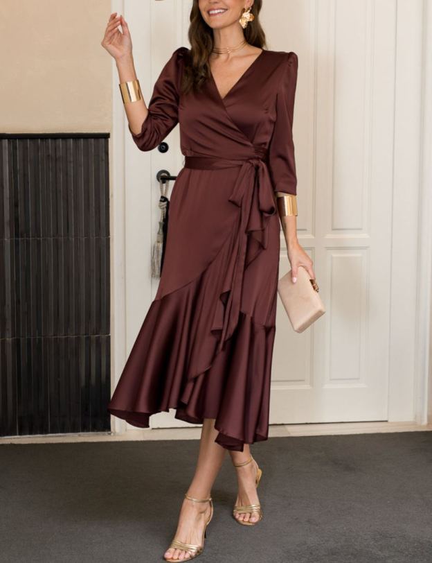 Chocolate midi dress with side tie detail