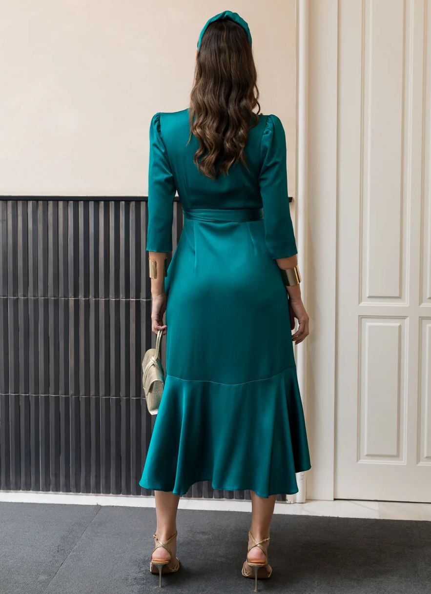 Green midi dress with side tie detail