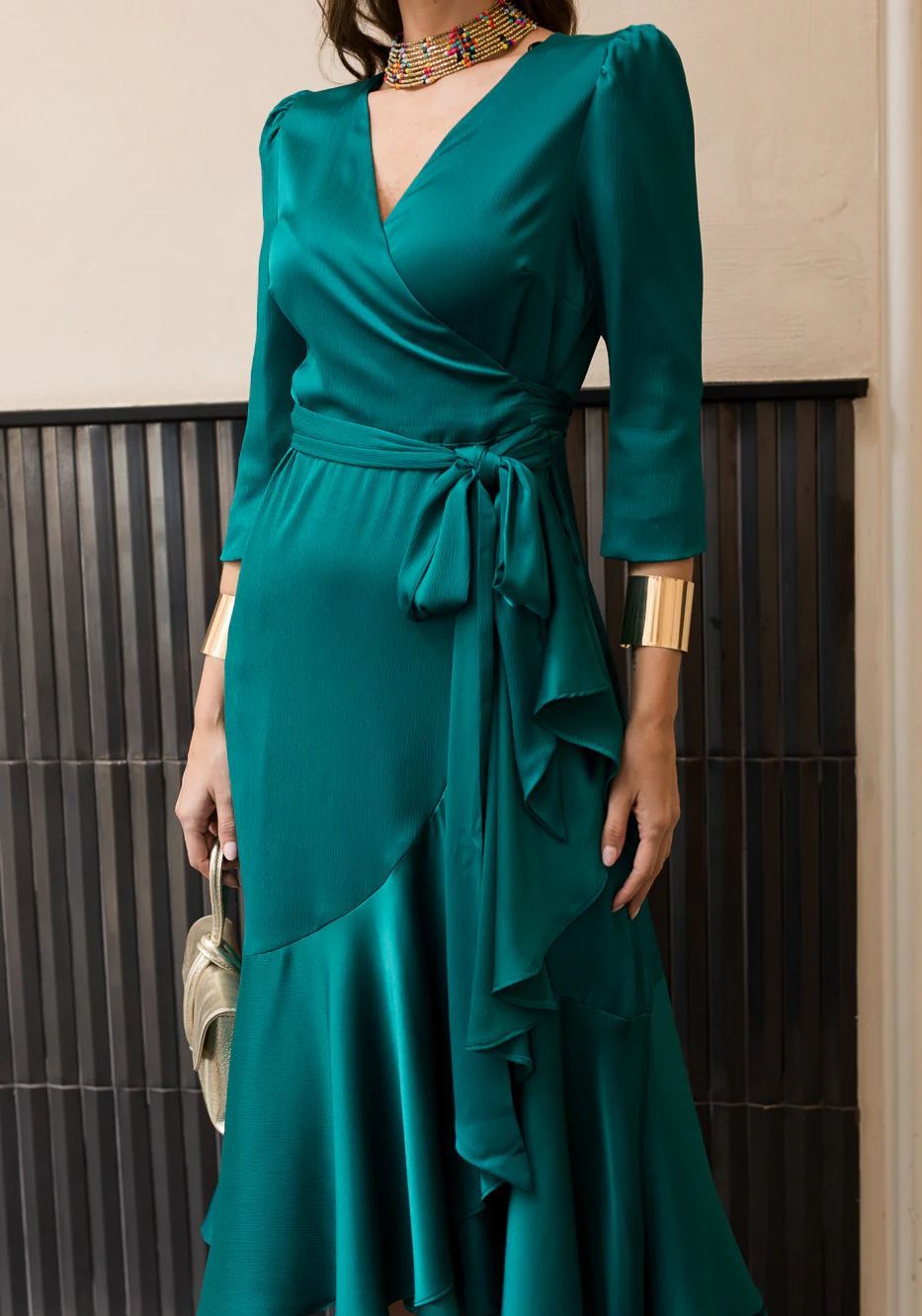 Green midi dress with side tie detail