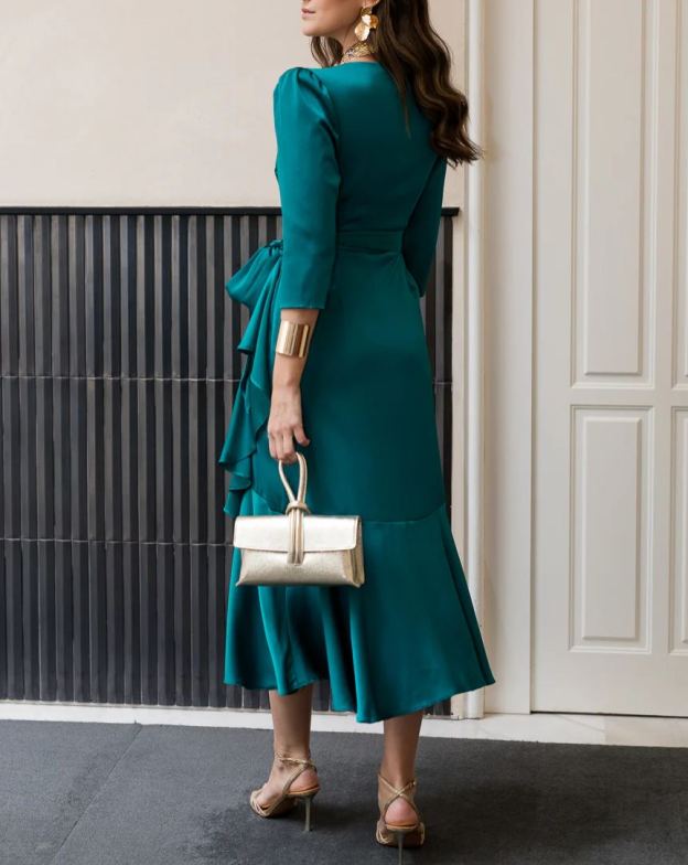 Green midi dress with side tie detail