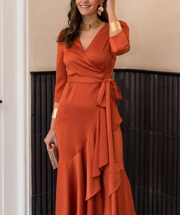 Midi dress with side tie in terracotta
