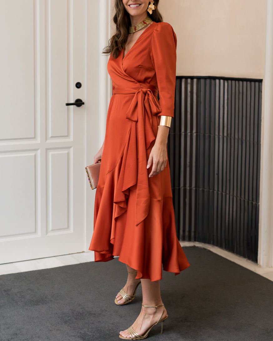 Midi dress with side tie in terracotta