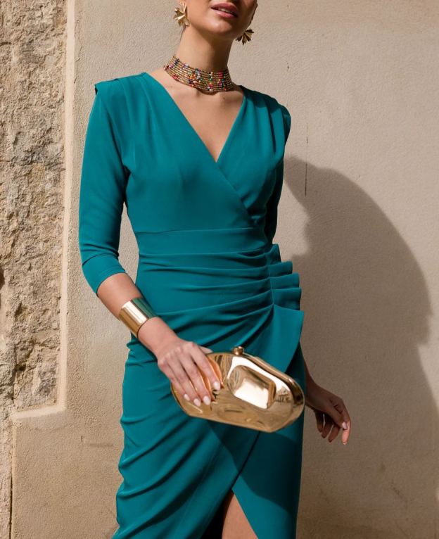 Petrol tulip midi dress with three-quarter sleeves