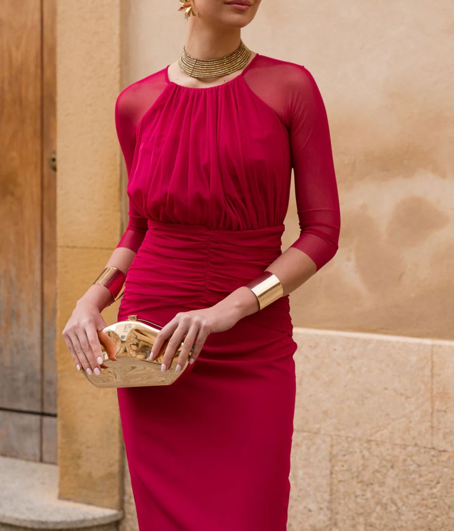 Cherry tulle sleeve midi dress
