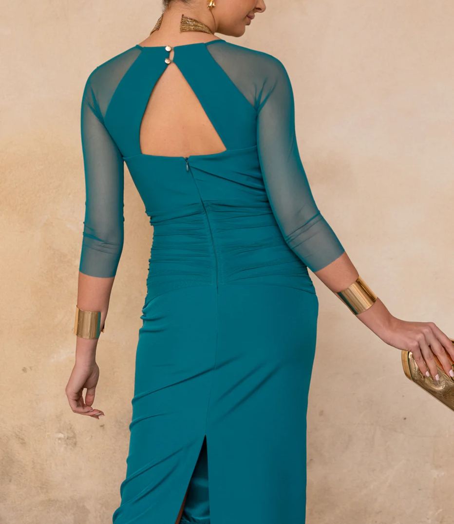 Petrol tulle sleeve midi dress