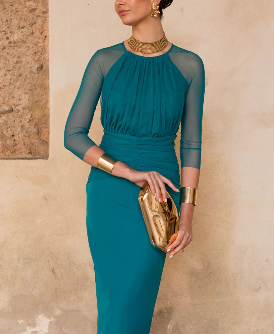 Petrol tulle sleeve midi dress