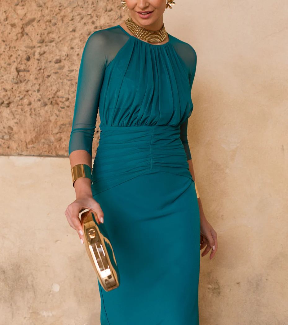 Petrol tulle sleeve midi dress