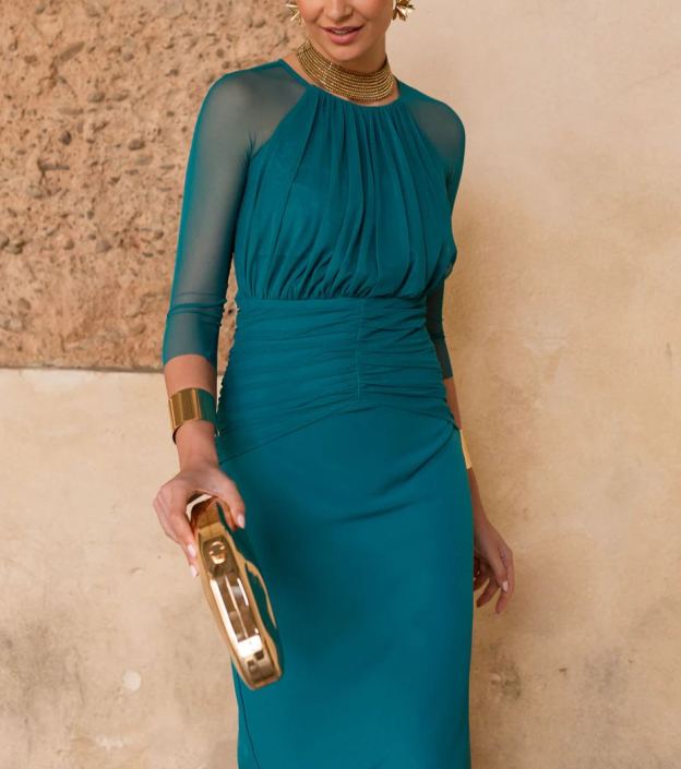 Petrol tulle sleeve midi dress