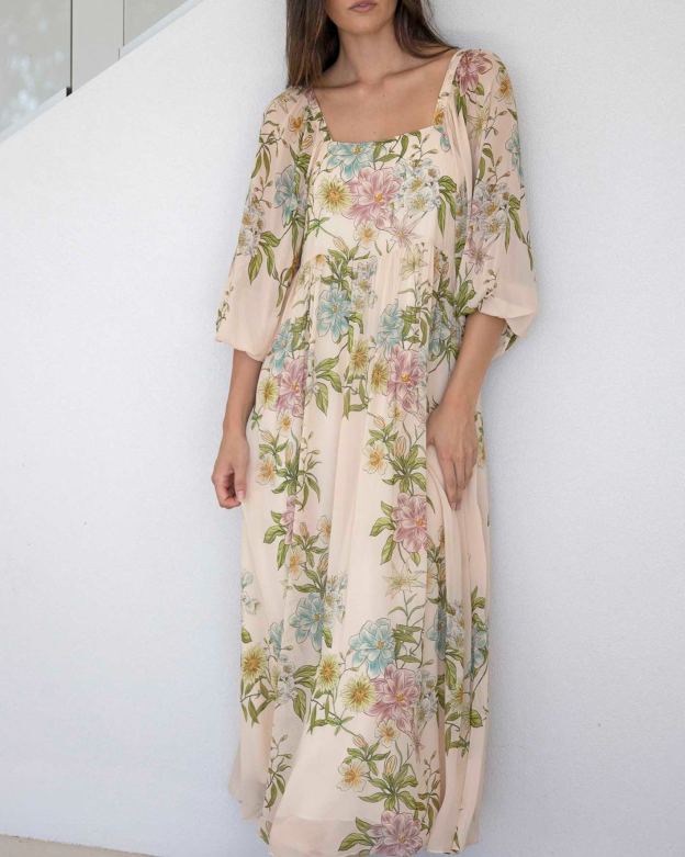 Momento Cream Floral Square Neck Maxi Dress