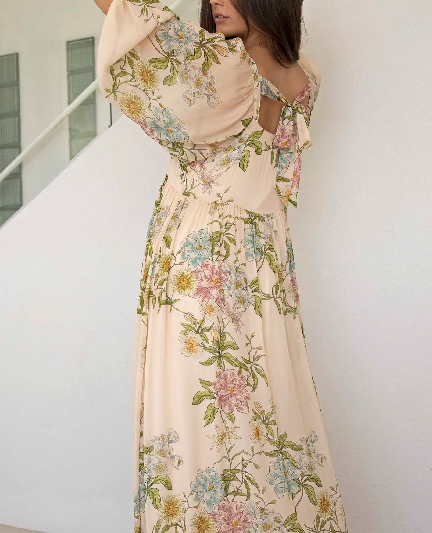 Momento Cream Floral Square Neck Maxi Dress