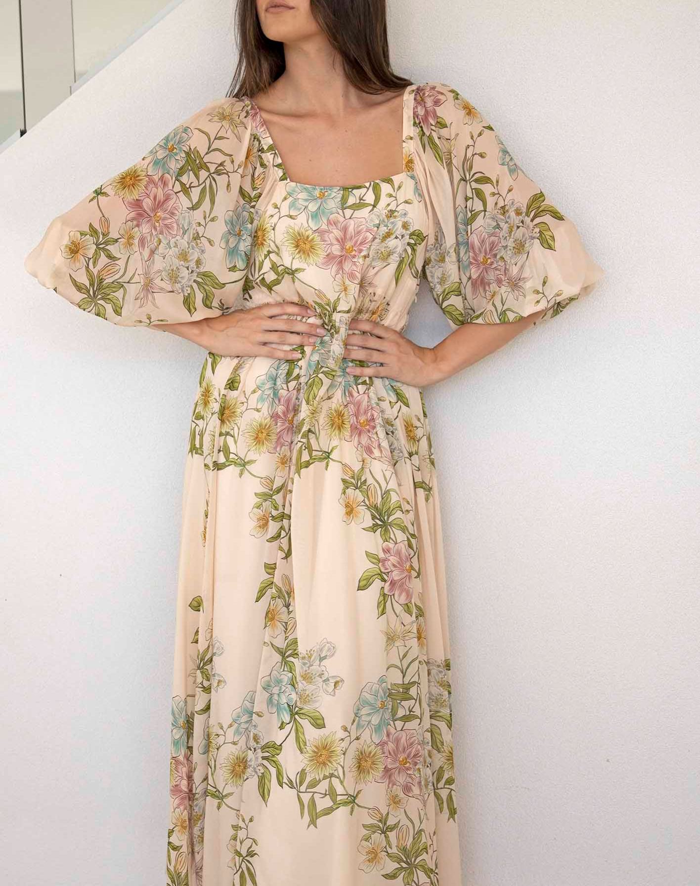 Momento Cream Floral Square Neck Maxi Dress