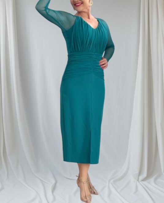 Draped midi dress with Cherry tulle sleeves.