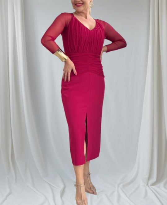 Draped midi dress with Cherry tulle sleeves.