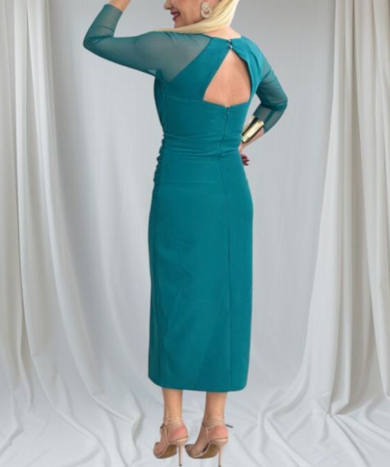 Draped midi dress with Cherry tulle sleeves.