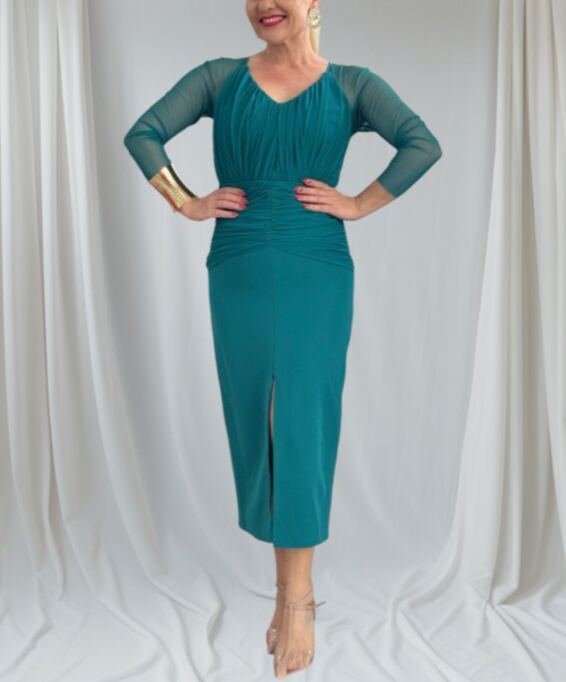 Draped midi dress with Cherry tulle sleeves.