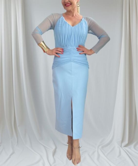 Draped midi dress with Cherry tulle sleeves.