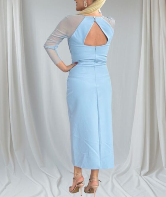 Draped midi dress with Cherry tulle sleeves.