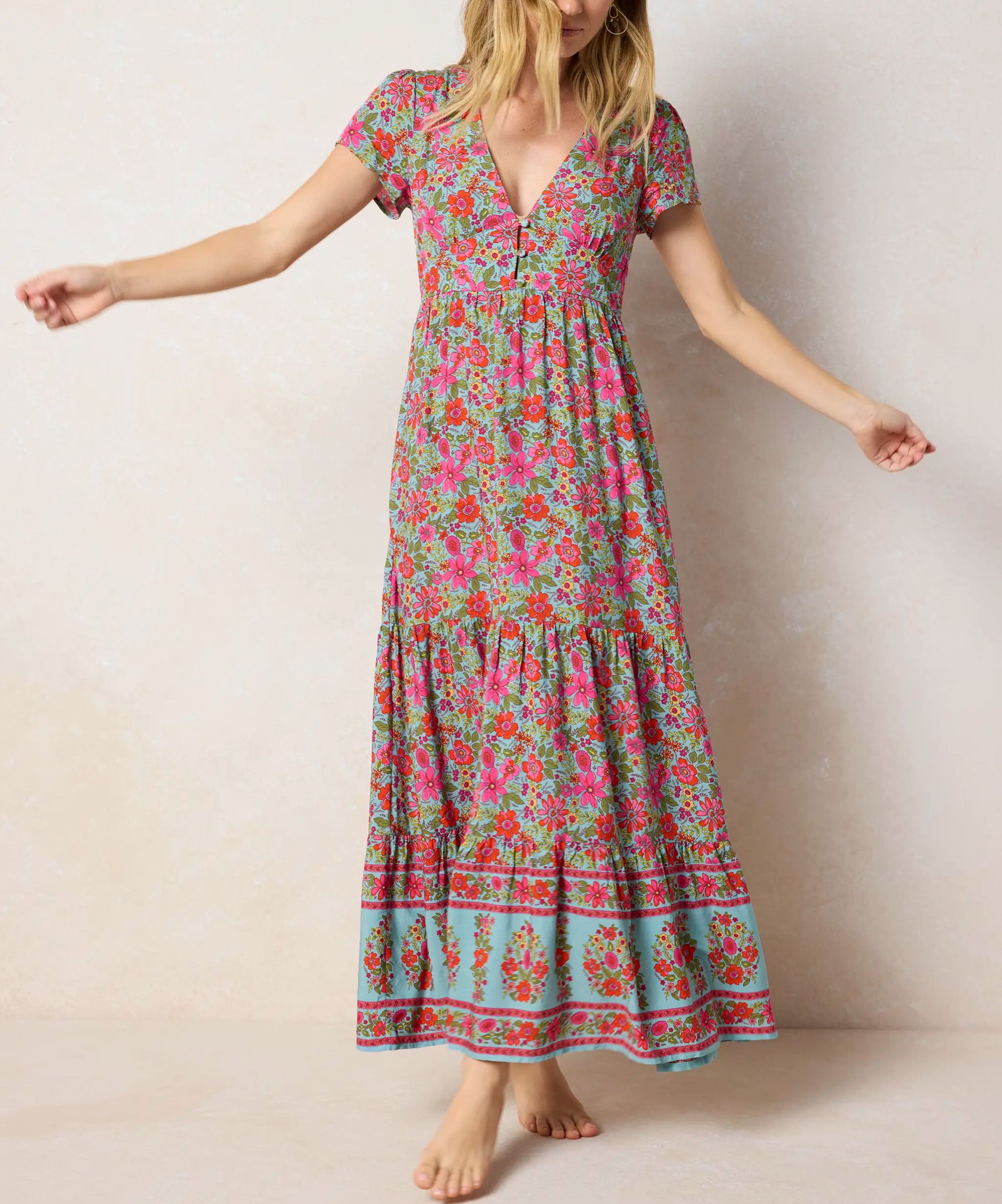 Evangeline Maxi Dress - Boho Floral Turquoise