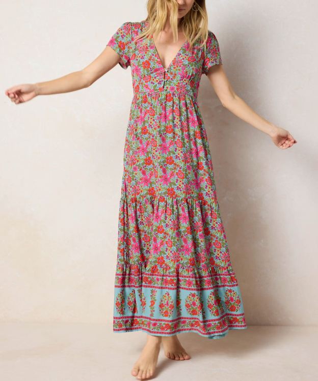 Evangeline Maxi Dress - Boho Floral Turquoise