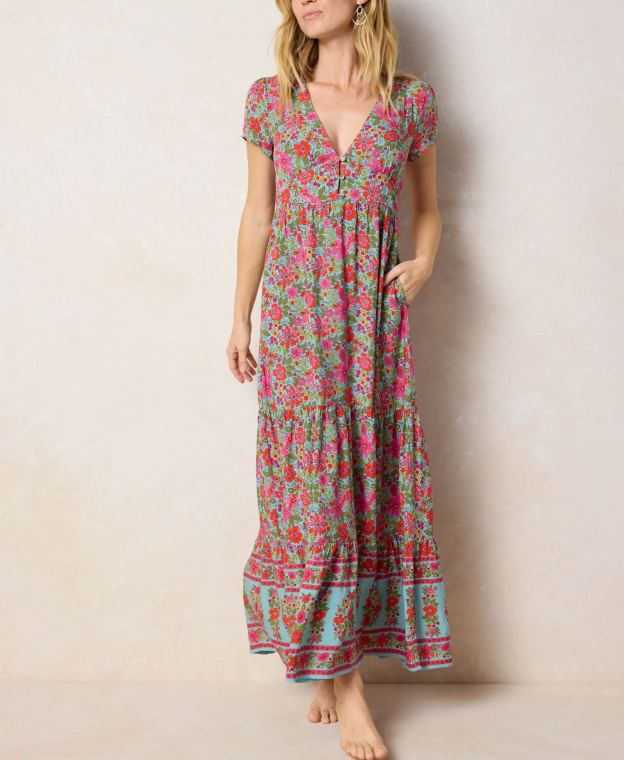 Evangeline Maxi Dress - Boho Floral Turquoise