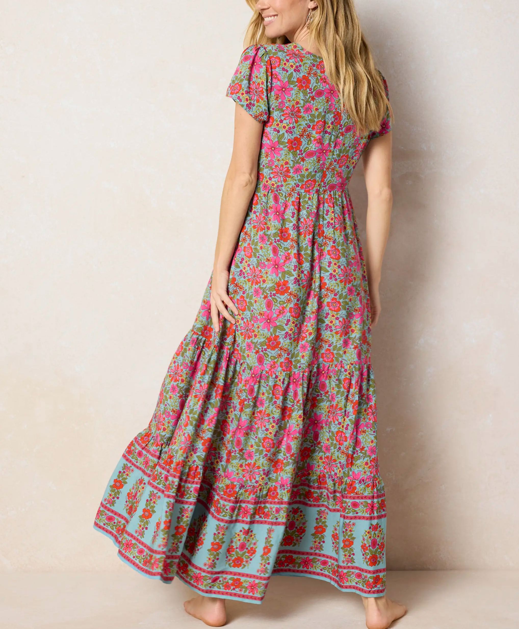 Evangeline Maxi Dress - Boho Floral Turquoise