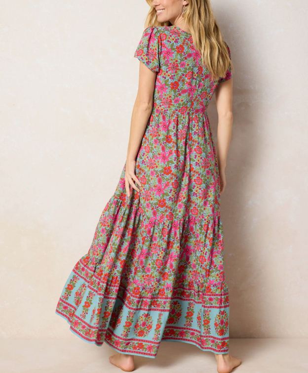 Evangeline Maxi Dress - Boho Floral Turquoise
