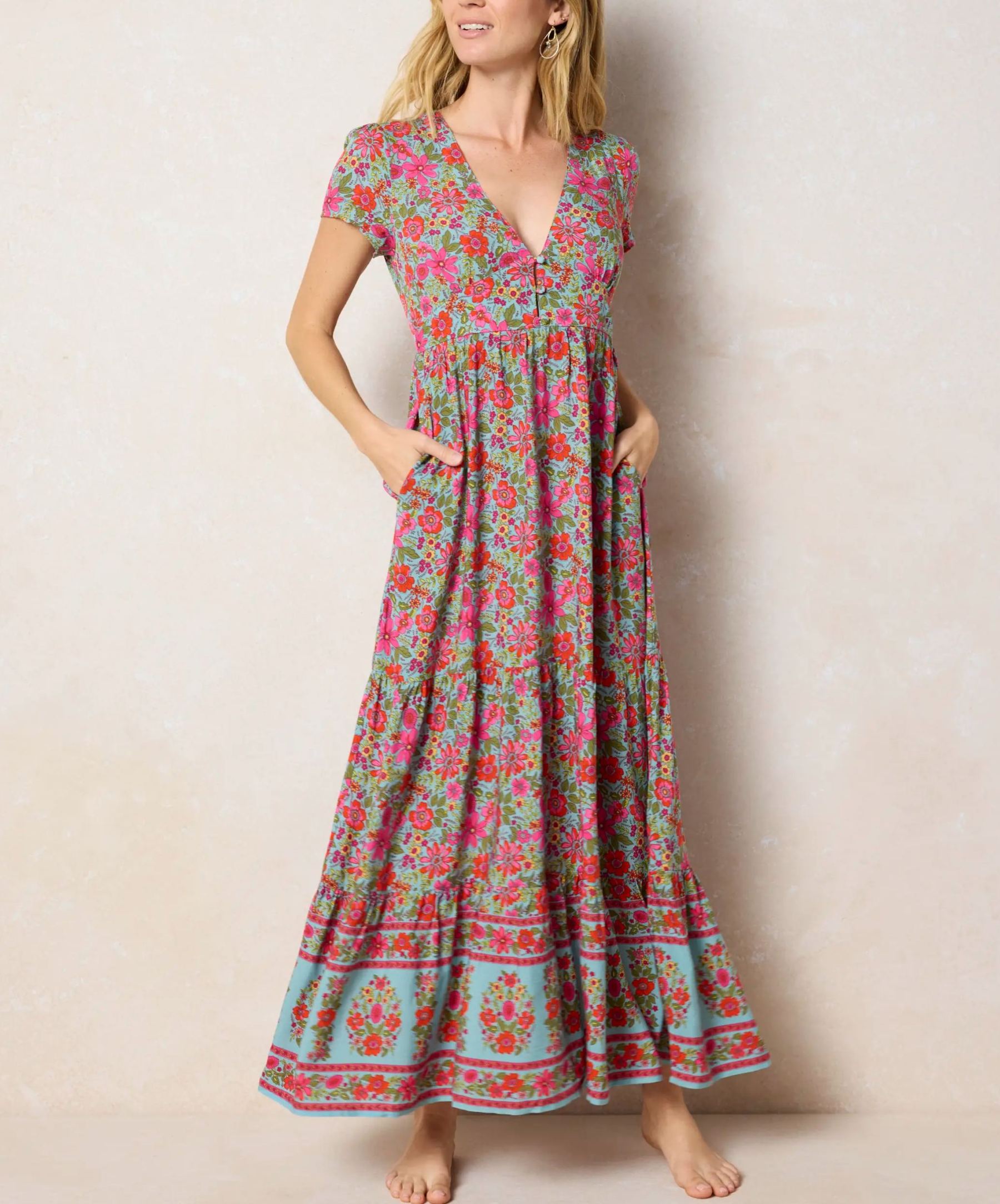 Evangeline Maxi Dress - Boho Floral Turquoise