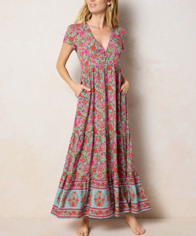 Evangeline Maxi Dress - Boho Floral Turquoise