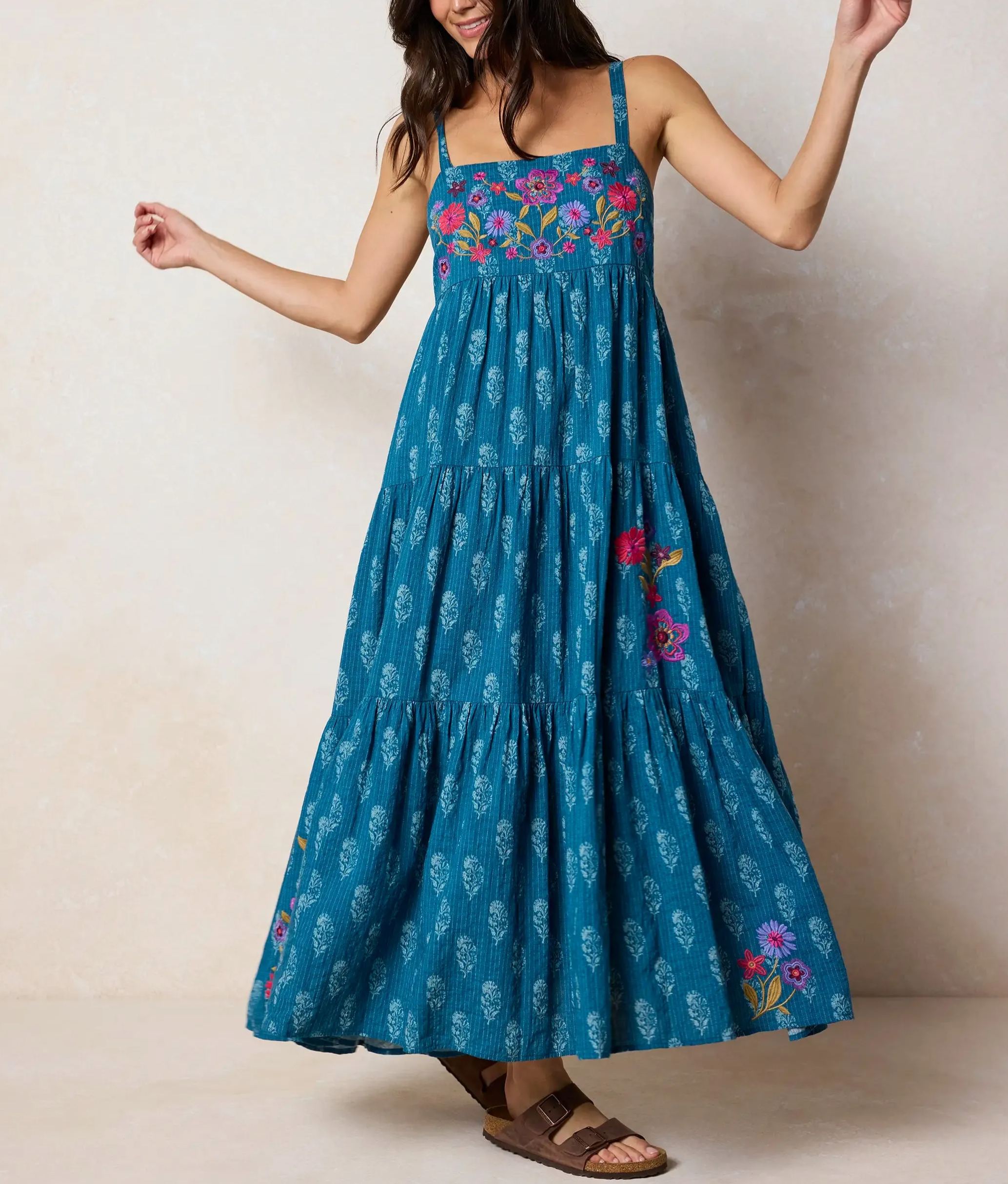 Patricia Embroidered Maxi Dress - Block Stamp Indigo