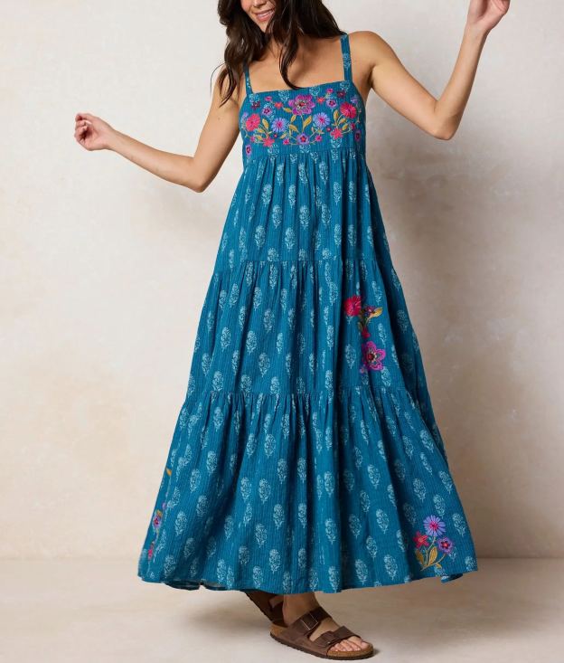 Patricia Embroidered Maxi Dress - Block Stamp Indigo