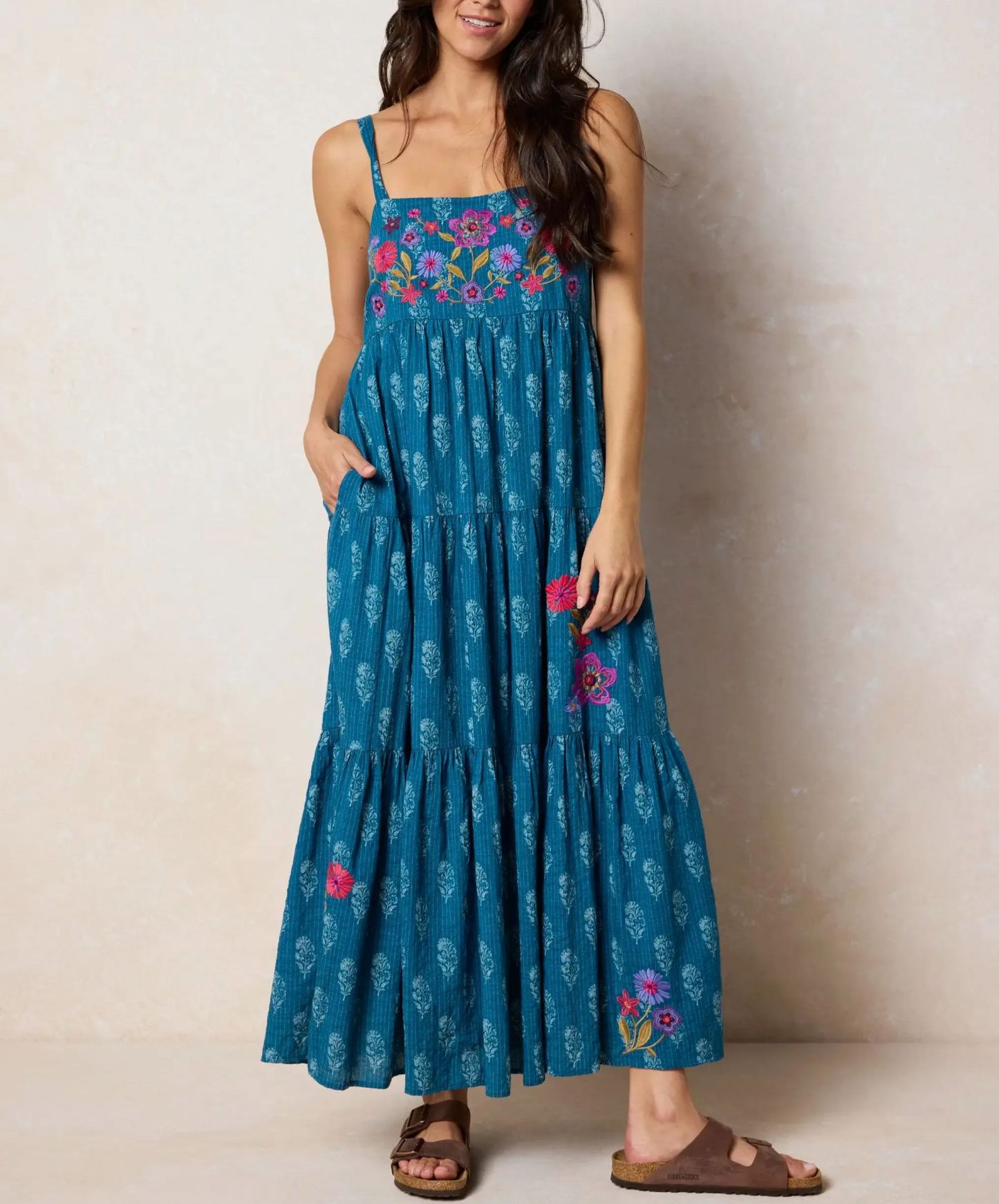 Patricia Embroidered Maxi Dress - Block Stamp Indigo