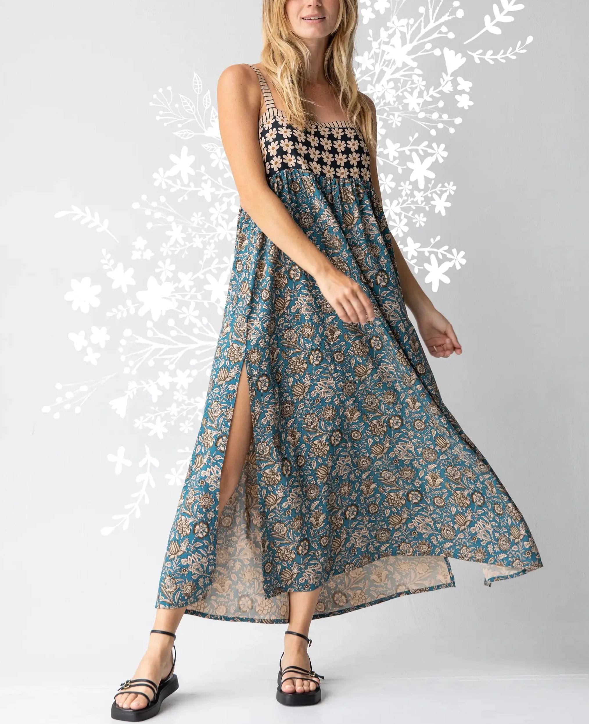 Patti Side Slit Maxi Dress - Teal Cream Mixed Floral