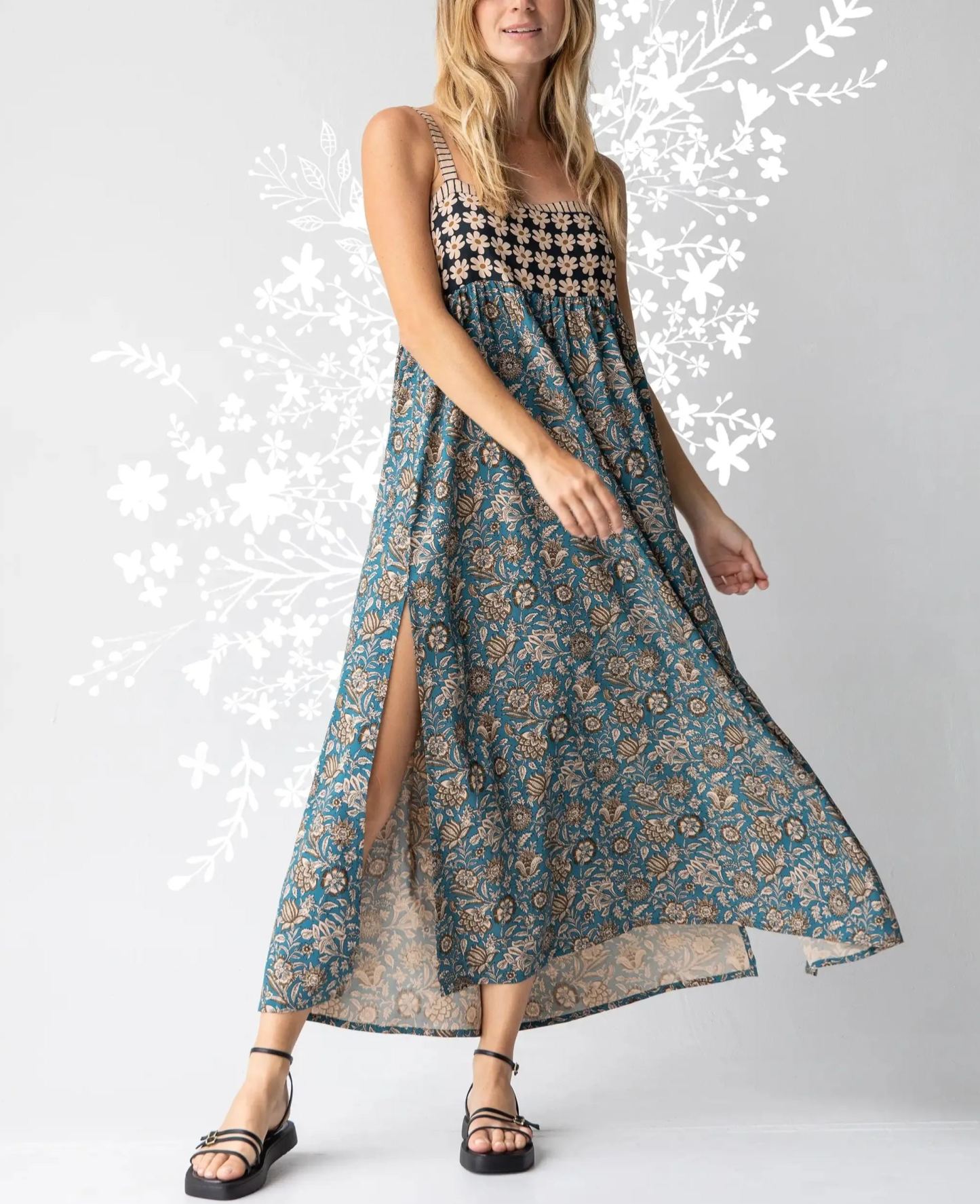 Patti Side Slit Maxi Dress - Teal Cream Mixed Floral