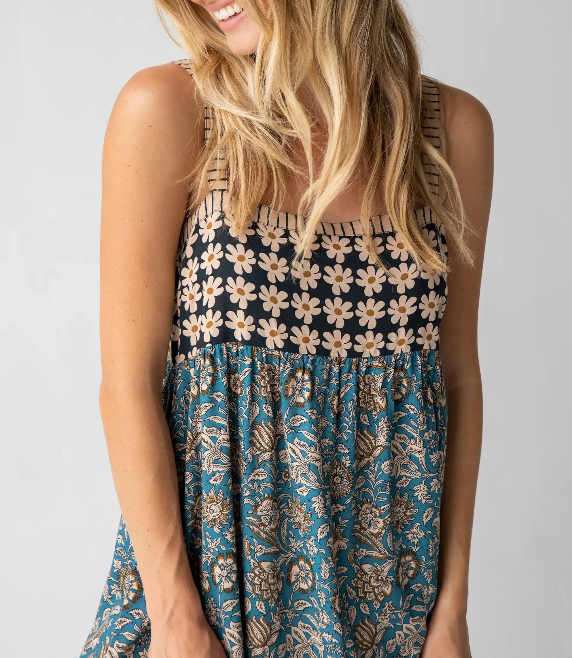 Patti Side Slit Maxi Dress - Teal Cream Mixed Floral