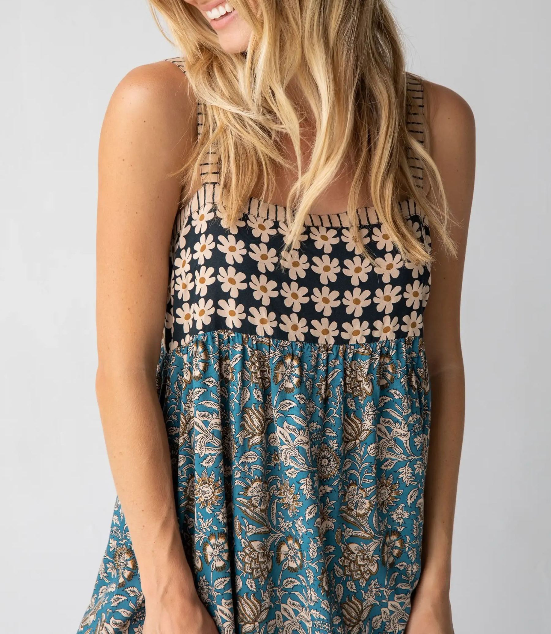 Patti Side Slit Maxi Dress - Teal Cream Mixed Floral